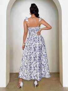 SHEIN LUNE Váy du lịch buộc eo họa tiết hoa thanh lịch - Màu xanh lam - Xem 2