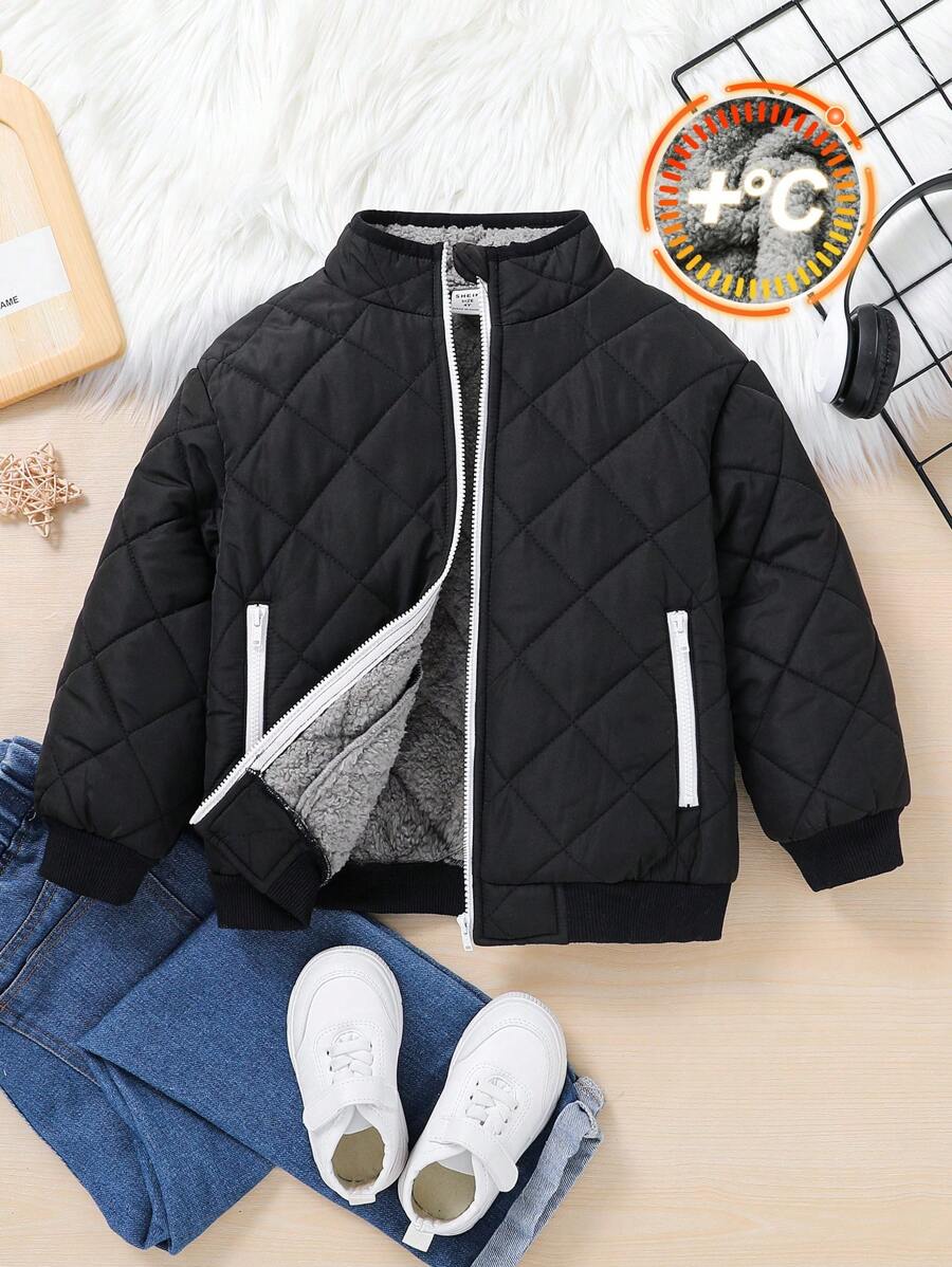 SHEIN Leap Crew 1 chiếc áo khoác có đệm họa tiết ô vuông màu cơ bản đơn giản cho bé trai có lót Sherpa, thích hợp mặc khi đi làm, đi học, mặc thường ngày, mẫu giáo, tiệc sinh nhật, tiệc tối, đám cưới, lễ rửa tội, lễ khai giảng, ngoài trời, thể thao, mùa thu/đông - màu đen - Xem 1