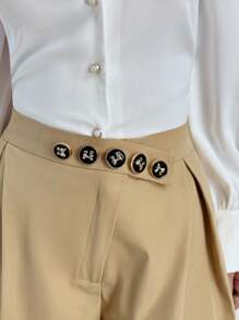 Modelyn Khaki,Autumn,Elegant Unique,Elegent,Office Women's High Waist Wide Leg Pants With Metal Buckle Accent,Pleated Fashionable Casual Soft Trousers - Khaki - View 8