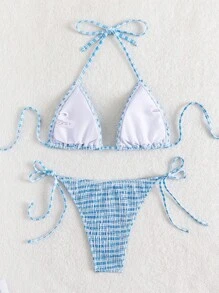 Swim Mod Plaid Print Halter Neck Tied Front Split Bikini Set For Summer Beach Vacation - Blue - View 2