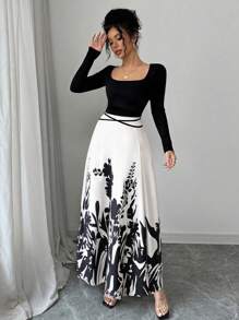 Rafferiza Elegant Floral Print Patchwork Round Neck Long Sleeve Dress For Women - A E Fall Cloth - Black and White - View 4
