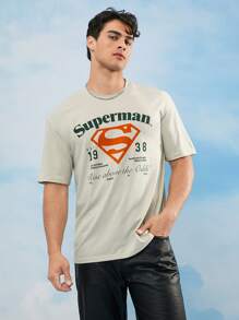 SUPERMAN X SHEIN Camiseta informal de manga corta con estampado de letras y logotipo para hombre, verano - Albaricoque - Ver 4