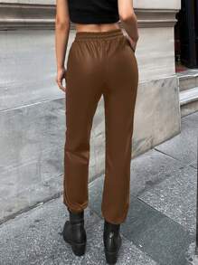 RueChic Solid Drawstring Waist Slant Pocket Jogger Pants - Brown - View 2