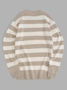 RueChic Men Striped Knit Crew Neck Drop Shoulder Colorblock Sweater - Beige - View 3
