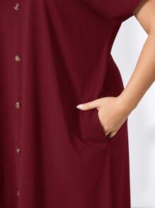 SHEIN Essnce Plus Size Women's Spring And Summer Fashion Casual Loose Comfortable Daily Short-Sleeved Green V-Neck Pocket Long Dress,Summer Outfits For Women,Church Clothes Women,Old Money Style Women,Teacher Outfits For Women,Airport Outfit For Women,Minimalist Style,Maxi Dress - Burgundy - View 4