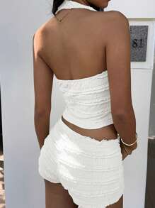 MainGRL Women's Summer Vacation Textured Halter Neck Tank Top And Ultra Short Shorts Set