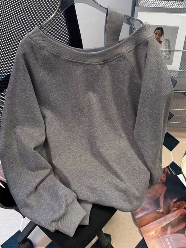SHEIN Felpa con cappuccio da donna a tinta unita, maniche a buco, casual, ampia, con collo asimmetrico