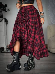 Whyspr 大码女式休闲格子褶皱松紧腰荷叶边下摆 A 字裙 - 彩色 - 查看 3