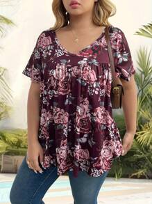 EMERY ROSE Plus Size Summer New Casual Versatile T-Shirt, Loose V-Neck Flattering Knit Top For Women - Multicolor - View 5