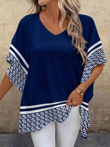 Women's Casual Spliced V-Neck Loose Blouse, Suitable For Summer - Multicolor - View 1