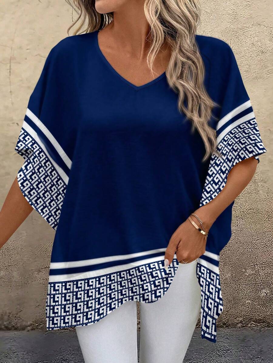 Women's Casual Spliced V-Neck Loose Blouse, Suitable For Summer - Multicolor - View 1