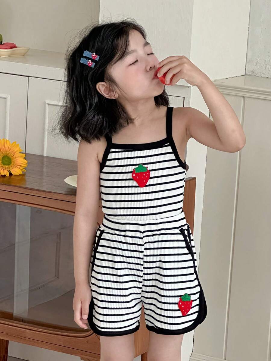 Dazy Kids 少女针织条纹吊带背心和短裤睡衣套装,夏季 - 黑與白 - 查看 1