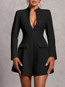 INAWLY 女士迷你纯色长袖镂空仿珍珠新年女装，适合情人节 - 黑色 - 查看 5