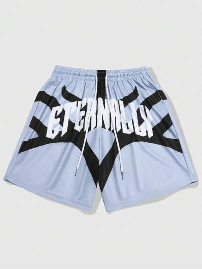 Prep Pantalones cortos holgados con cintura elástica, cordón, estampado de letra y contraste de color, para el verano