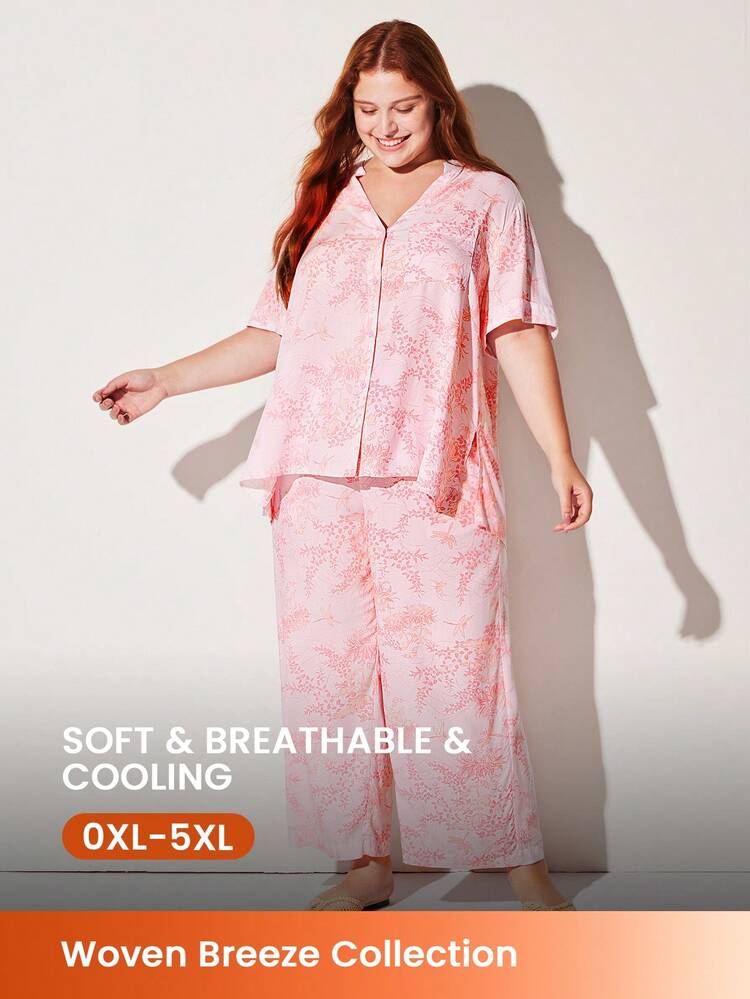 Plus Soft Short-Sleeve Basic Button-Up Top & Pants Loungewear Pajama Set