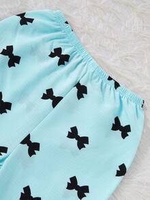 SHEIN 2件套女童杏色可爱樱桃印花宽松长裤短袖休闲睡衣套装 - 藍色 - 查看 7