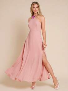 Amorya 女士优雅社交派对露肩高开衩装饰连衣裙，雪纺 - 粉色 - 查看 1