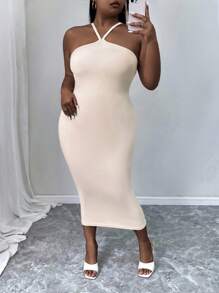 INAWLY Plus Solid Bodycon Sleeveless Dress For Summer - Beige - View 1