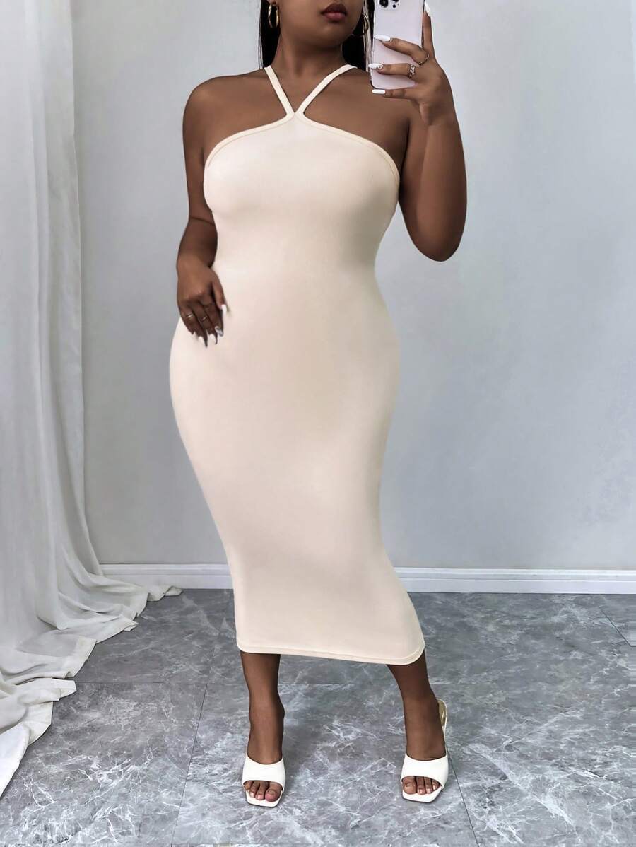 INAWLY Plus Solid Bodycon Sleeveless Dress For Summer - Beige - View 1
