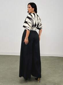 Firerie 2pcs/Set Plus Size Women Summer Elegant V-Neck Allover Print Blouse And Wide Leg Pants