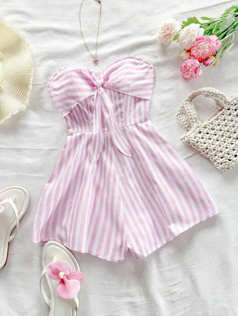 Soleia 女士度假游轮度假蓝白条纹露肩前扭后收腰宽松连体裤，适合派对、约会、下午茶、春夏季 - 彩色 - 查看 1