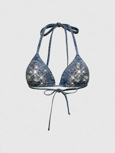 ROMWE Avant Vintage Millennium Punk Embroidered Handgun Denim Jacket, Plus Size