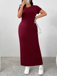 SHEIN EZwear 夏季大码优雅纯色修身连衣裙 - 酒紅色 - 查看 5