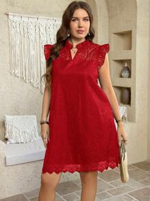 SHEIN LUNE 白色春夏花卉3D蕾丝圆领盖袖优雅浪漫女士连衣裙 - 紅色 - 查看 5