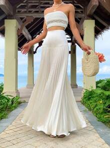 SHEIN EZwear Women's Summer Holiday Solid Color Loose Pleated Wide Leg Pants - White - View 8