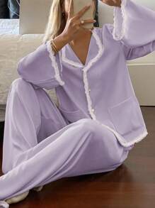 DAZY Spring Satin And Lace Ruffle Trim Decor Women's Pajama Set, Fall Clothes - Mauve Purple - View 4