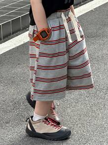 DAZY 男童夏季休闲条纹抽绳腰短裤 - 黑與白 - 查看 3