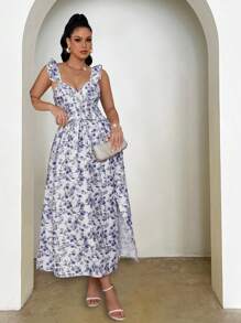 SHEIN LUNE Váy du lịch buộc eo họa tiết hoa thanh lịch - Màu xanh lam - Xem 5