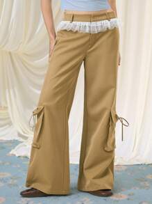 SHEIN MOD Women Mesh Patchwork Pockets Casual Versatile Wide Leg Pants, Lace Ruffle, Solid Color Low Waist Wide Leg Loose Casual Pants, - Khaki - View 6