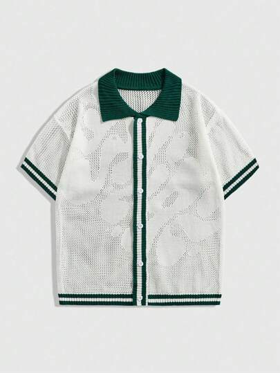 Casual Men's Contrast Color Short Sleeve Single-Breasted Hollow-Out Knit Sweater Vacation