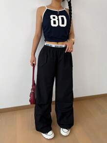 SHEIN 青少年女孩针织拼布数字印花吊带背心和褶皱休闲裤两件套 - 彩色 - 查看 5