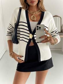 Siren Gaze 女士秋装休闲撞色条纹金属纽扣针织外套长袖开衫简约气质办公室商务休闲女士通勤外出上衣老款风格女士办公室装女士教师装商务休闲女士，秋季女装 - 彩色 - 查看 1