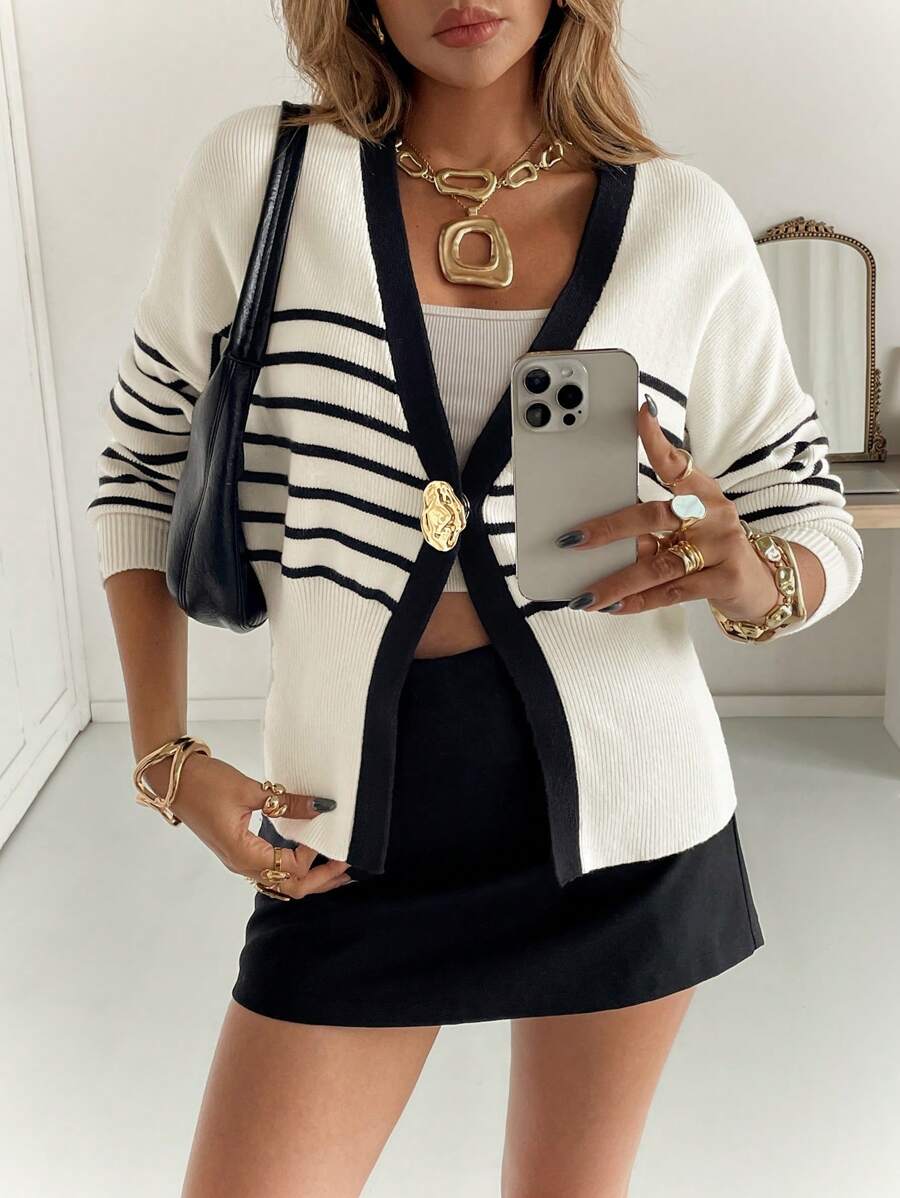 Siren Gaze 女士秋装休闲撞色条纹金属纽扣针织外套长袖开衫简约气质办公室商务休闲女士通勤外出上衣老款风格女士办公室装女士教师装商务休闲女士，秋季女装 - 彩色 - 查看 1
