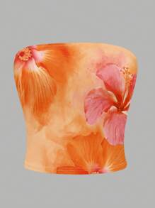 INAWLY Y2K Color Hibiscus Flowers Graphic Tube Top - Multicolor - View 3