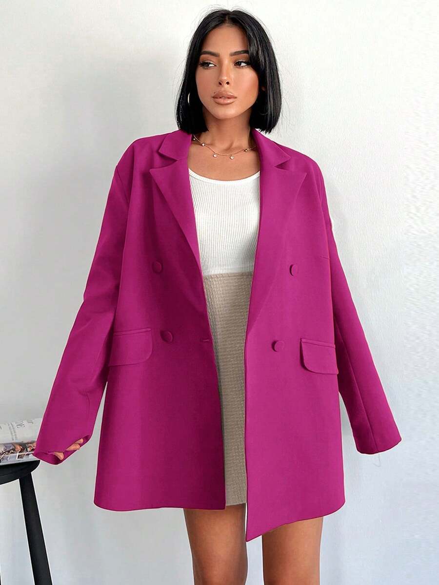 SHEIN Cottnline 翻領雙排扣寬鬆西裝外套 - 玫紅色 - 查看 1