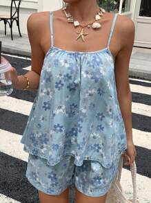 DAZY 两件套女士印花吊带背心和短裤套装，休闲度假风牛仔套装，夏季波西米亚风 - 淺色水洗藍 - 查看 5