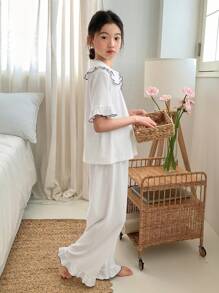 DAZY Tween Girl Doll Face Short Sleeve Top + Pants Home Outfit, Fall, Back To School Clothes - White - View 4