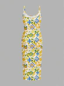 SHEIN EZwear Casual Lemon & Floral Allover Print Fitted Camisole Maxi Dress, Suitable For Summer, Beach, Seaside,Boho Clothes Women Suitable For Going Out Chic Dress - Multicolor - View 2