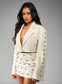 MISSGUIDED Metallic Studded Cropped Blazer Fashion Forward Statement Piece Premium Business Casual Special Occasion Edgy Modern Professional Party Evening Wear - Khaki - View 5