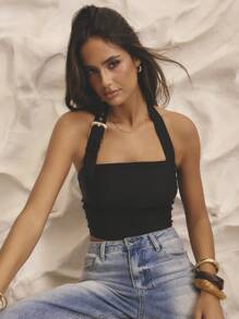 Aralina 挂脖金属扣细节时尚廓形夏季度假上衣 - 黑色 - 查看 9