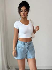 Elenzga Women's Elegant Bow Decor Pale Blue Woven Wide Leg Denim Shorts, Spring/Summer - Light Wash - View 6