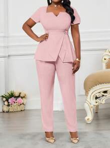 SHEIN Lady Pink V-Neck Short-Sleeved Waist Button Asymmetrical Hem Top Suit Pants Plus Size Two Pieces Suit Plus Size Elegant Business Office Suit Wedding Guest Dress Women Summer Outfits For Women Summer Dresses For Women Vacation Outfits Woman Beach Outfits For Woman Wedding Guest Dress Women Birthday Dresses For Women Cheetah Print Business Casual Woman Birthday Outfits For Women 4th Of July Women In Fall/Winter