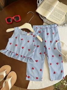 SHEIN Vintaside Kids 2pcs/Set Baby Girl Summer&Autumn Casual Style Strawberry-Printing Sleeveless Top&Long Pants - Blue - View 5