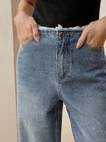 Anewsta High Stretch Rhinestone Decorated Straight Cut Frayed Hem Fashion Jeans - Blue - View 4
