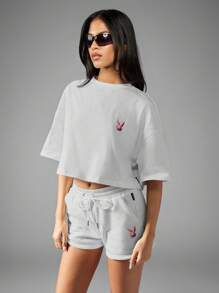 Missguided x Playboy 休闲抽绳腰短裤，泡泡文字图案设计，夏季舒适家居服短裤，慢跑裤 - 淺灰色 - 查看 2