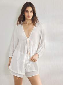 Ocili 休闲女士休闲柔软纯色插肩袖上衣和短裤睡衣套装 - 白色 - 查看 1